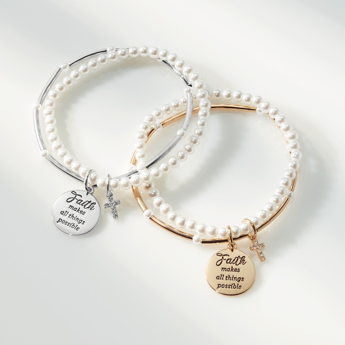 Faith All Possible Faux-Pearl Stretch Bracelet, , large