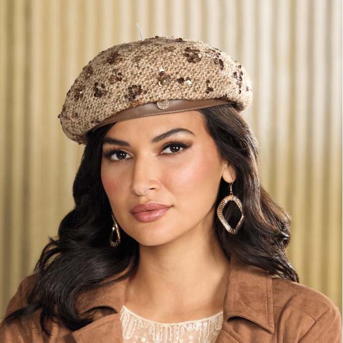 Tweed Sequin Cap, Brown, large