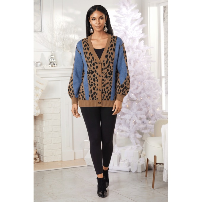 Brianna Women&rsquo;s Metallic Cardigan with Mixed Animal-Print Pattern, , large