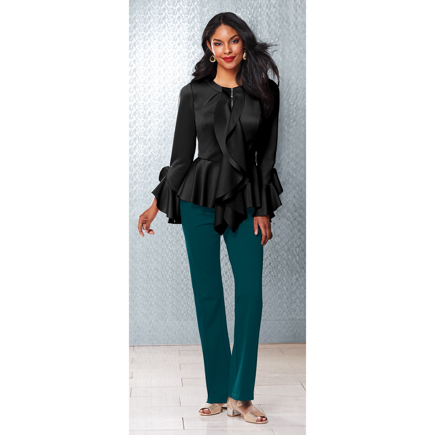 Darcy Zip-Up Ruffles Jacket for Women with Peplum | Midnight Velvet