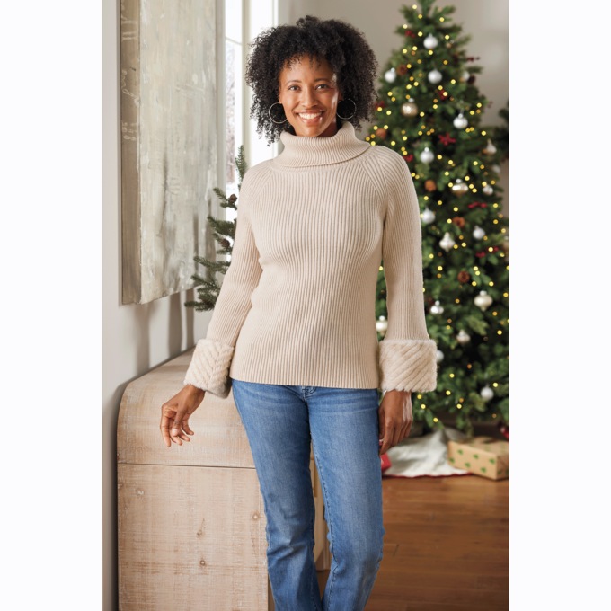 Meara Faux-Fur Turtleneck, , large