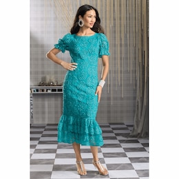 Curly Q Sheath Dress with Foral Mesh and Ruffles, , large