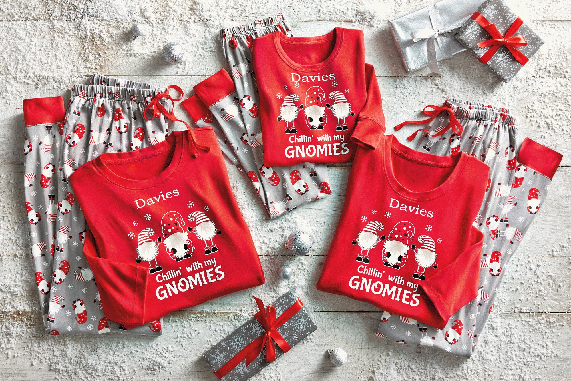 Kid's Family Christmas Holiday PJ Set in Soft, Stretchy Jersey Knit, Chillin Gnome, large