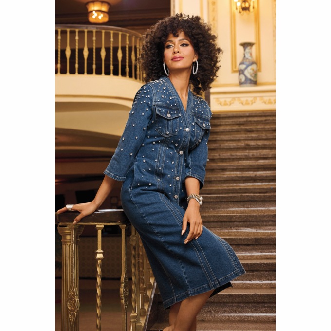 Kali Embellished Denim Sheath Dress, , large