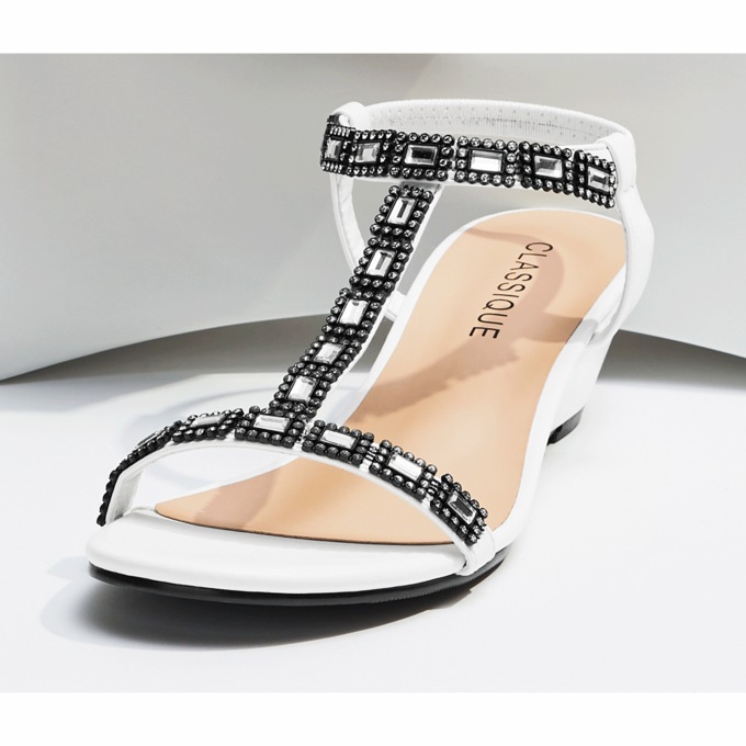 Classique Rhinestone T-Strap Wedge, White, large