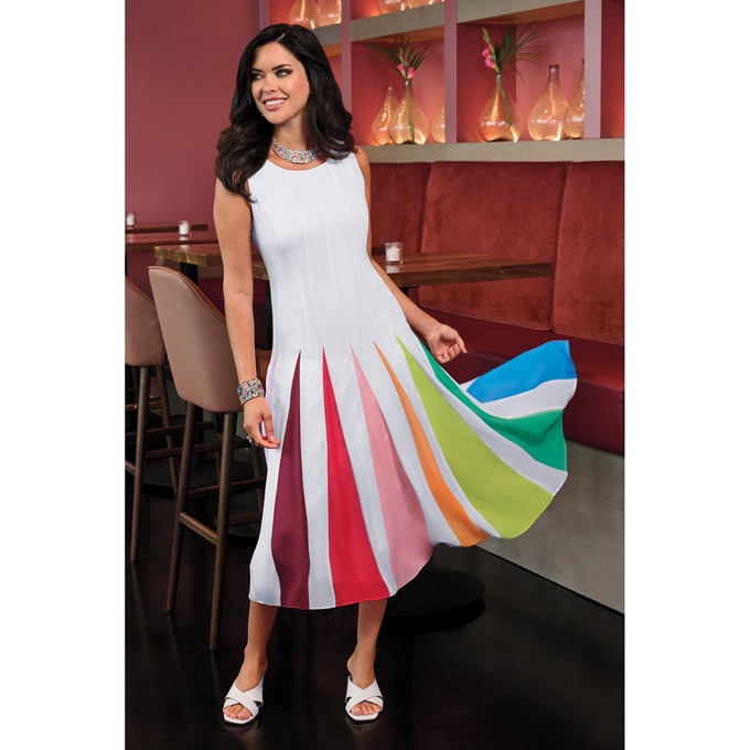 Raynbow Multi-Colored Godet Fit-and-Flare Dress, , large