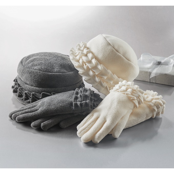 Ruffle Trim Glove and Hat Set, Ivory, large