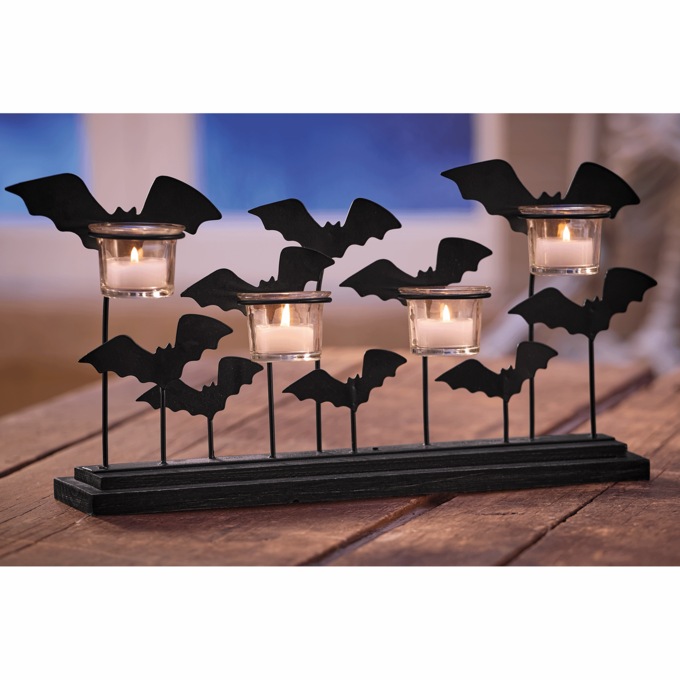 Flying Bats Metal Votive Centerpiece with 4 Glass Holders, Black, large