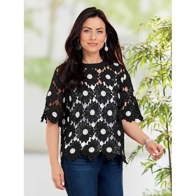 Floral-Pattern Lace Top, , large