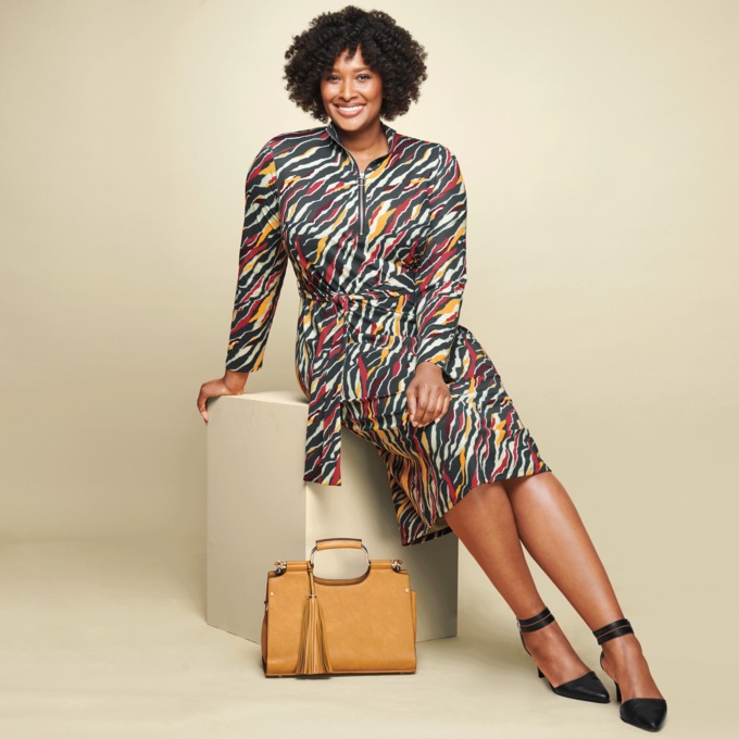 Ayva Bright Zebra-Print Tie-Waist Sheath Dress with Zip Front, , large