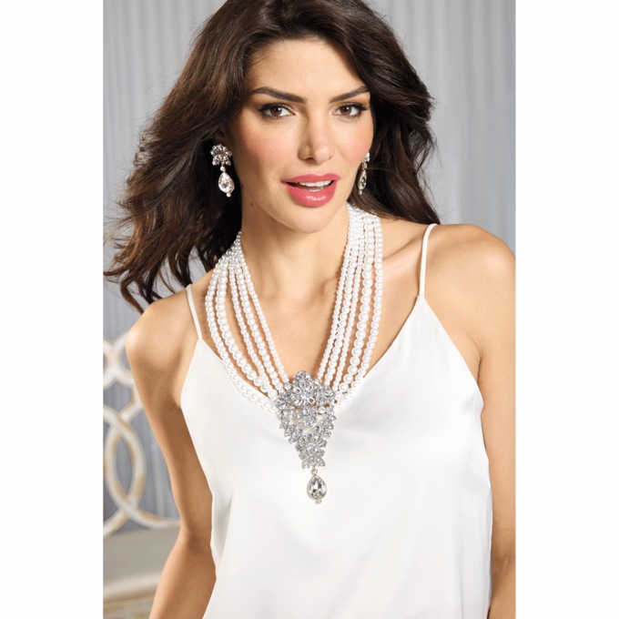 Vintage-Look Crystal/Faux-Pearl Necklace & Earring Set, , large