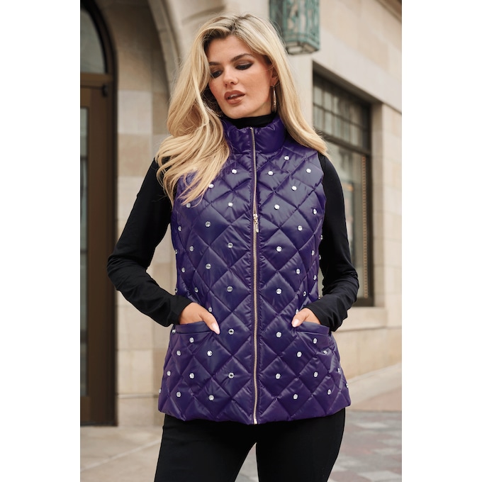 Krystal Embellished Puffer Vest, , large