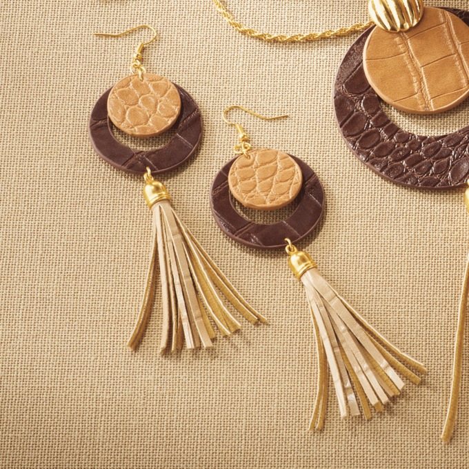 Textured Pleather Tassel Earrings, , large