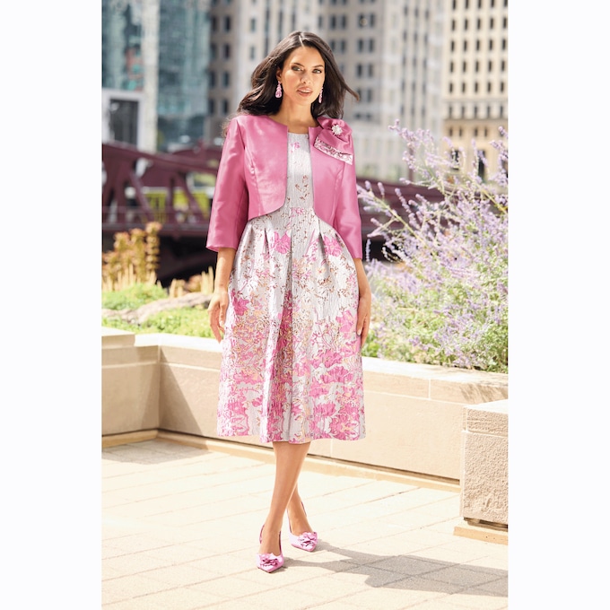 Minna Metallic Brocade Dress with Cropped Jacket and Removable Bow Detail, , large