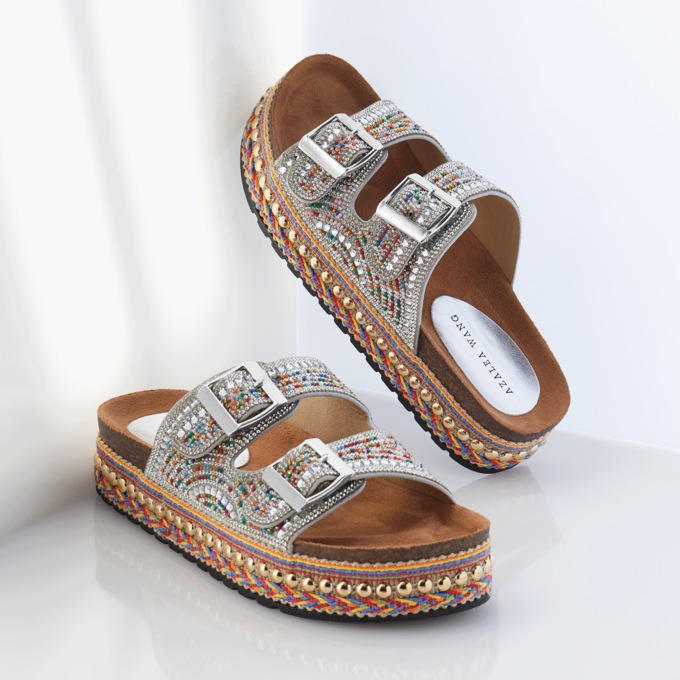 Azalea Wang Ezri Double-Buckle Sandal with Rhinestones, , large