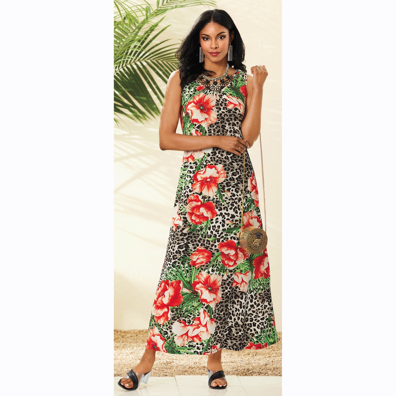 Exquisite Leopard Velvet Mesh Halter Maxi Dress main image 1