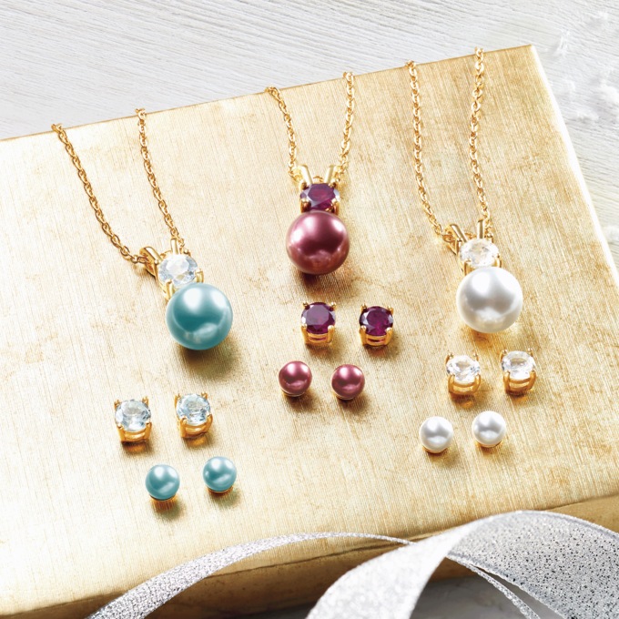 Glass Pearl Gemstone Necklace and 2-Pair Earring Set, , large