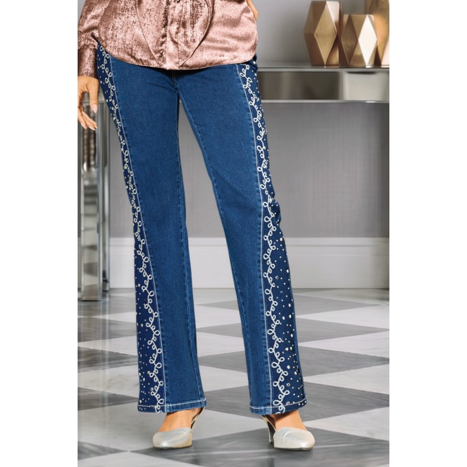 Emme Studded and Embroidered Bootcut Jean in Stretch Denim, , large