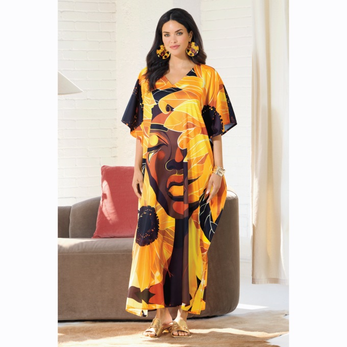 Aiyana Women&rsquo;s Long Caftan with Bold Afrocentric Graphic and V-Neck, , large