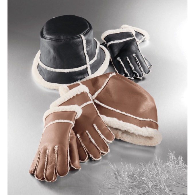 Faux-Shearling Hat and Glove Set, , large