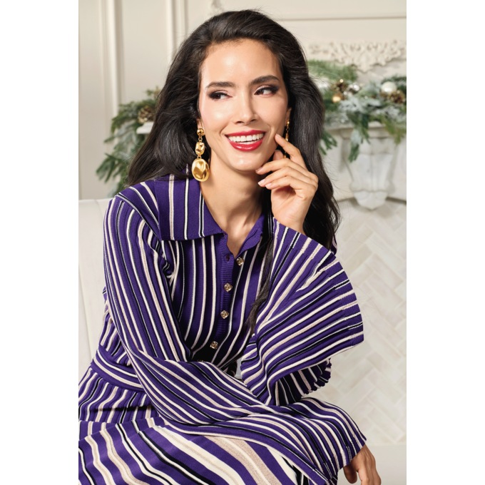 Yarn-Dyed A-Line Midi Sweater Dress with Button Placket, , large
