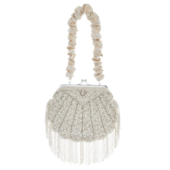 Seashell-Shaped Faux-Pearl & Rhinestone Evening Bag with Beaded Fringe for Women, , large