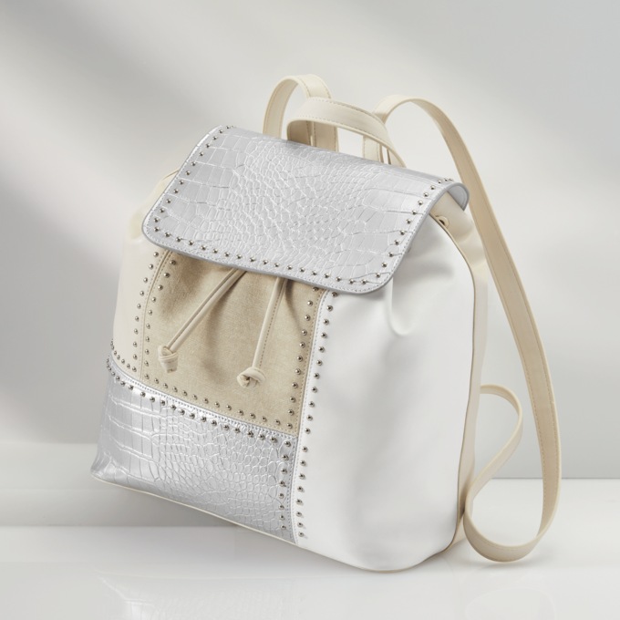 Mixed Media Backpack with Faux Leather Fabric and Croco Texture, White Multi, large