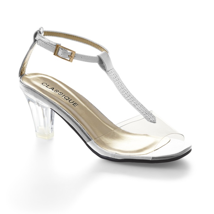 The Marnie Sandal with Rhinestone Strap and 2.5” Clear Acrylic Heel, Gold, large