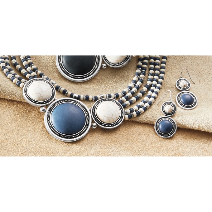 Round Faux-Stone Beaded Necklace & Earring Set, , large
