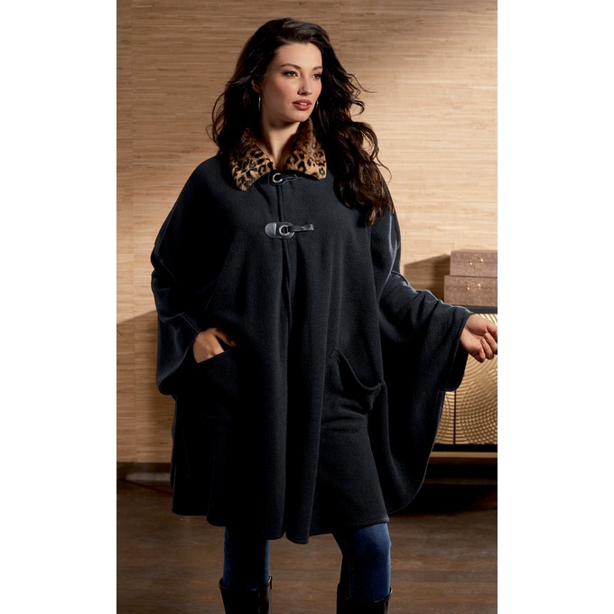 Faux-Fur Trim Cape, Black, large