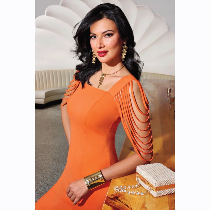 Chelley Strappy-Sleeve Sheath Dress, Citrus Burst, large