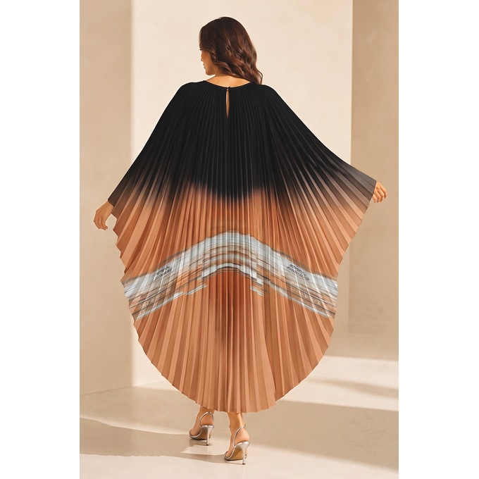 Farida Long Pleated Caftan in Ombre Print with Rosette Pin, Black Copper, large