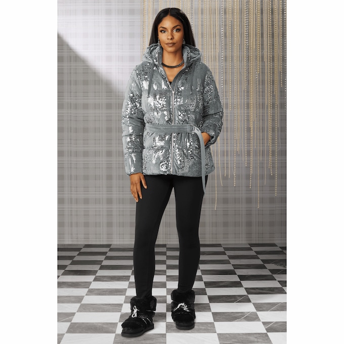 Crystal Women's Velour Puffer Jacket with Sequins, , large