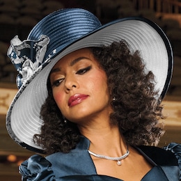 Herena Wide-Brim Navy &amp; White Ribbon Hat with Rosette &ndash; Elegant Women&rsquo;s Derby or Church Hat with Adjustable Fit, , large