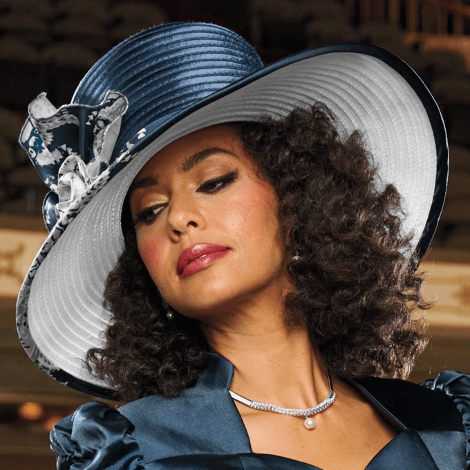 Herena Wide-Brim Navy & White Ribbon Hat with Rosette – Elegant Women’s Derby or Church Hat with Adjustable Fit, , large