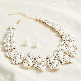 Faux-Pearl Cluster Necklace &amp; Earring Set, , large