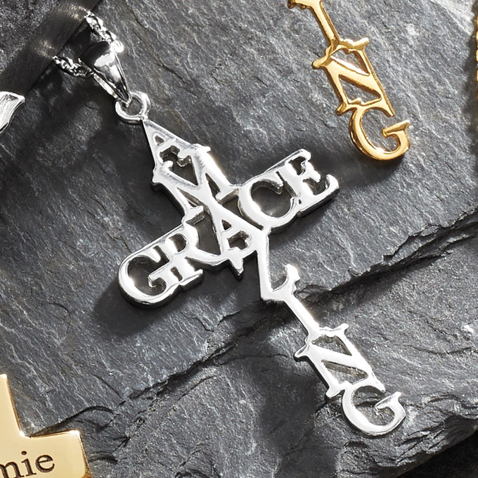 Amazing Grace Cross Pendant, Sterling Silver, large