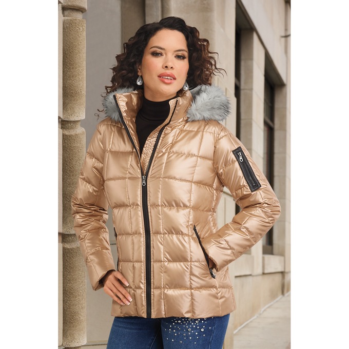 Mia Shiny Puffer Jacket with Faux-Fur Hood, Gold, large