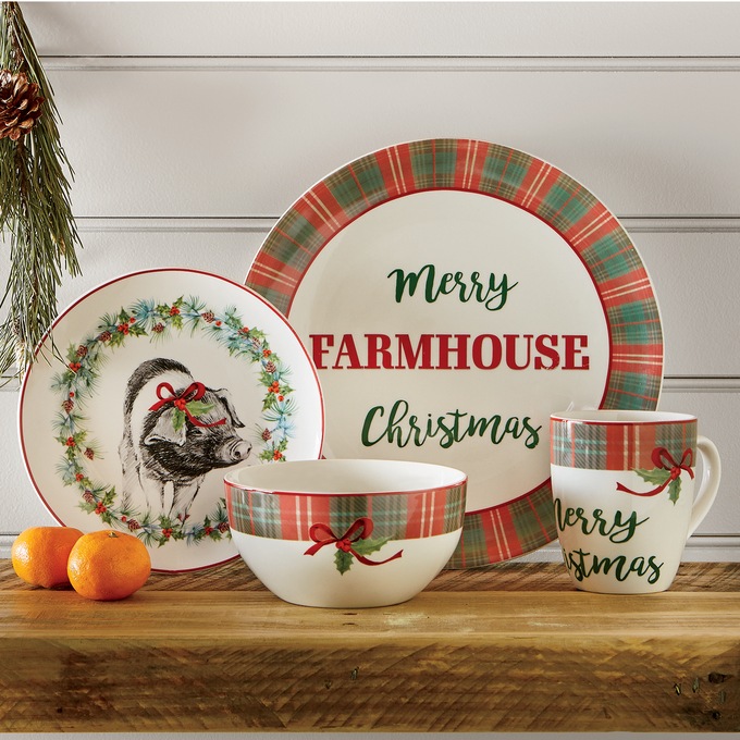 16 Piece Tartan Plaid Farmhouse Dinnerware Set Midnight Velvet