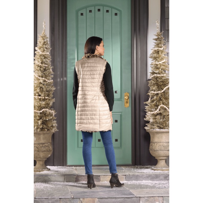 Remy Women&rsquo;s Reversible Long Puffer Vest with Faux Fur and Quilted Sides, Bronze, large