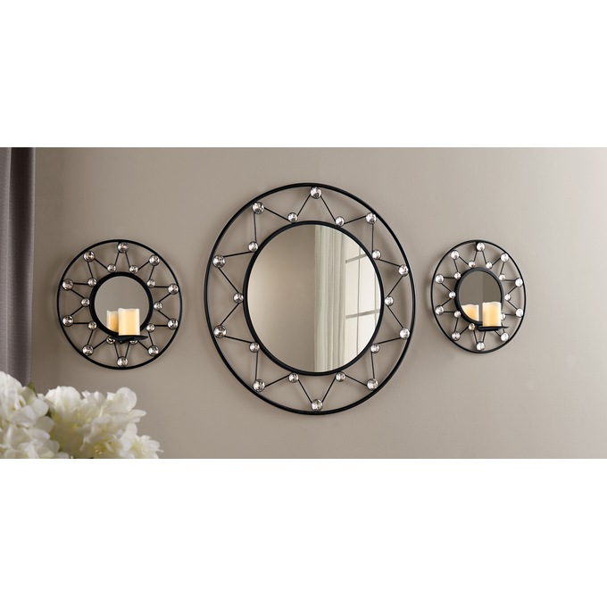 Round Gem Burst Wall Mirror and 2 Round Gem Mirorred Sconces Midnight