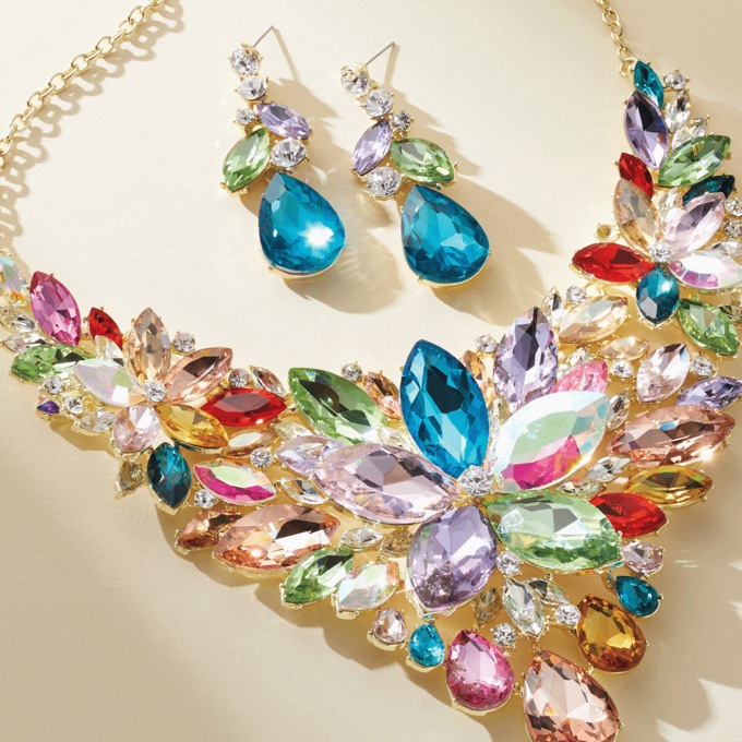 Crystal Shapes/Bib Necklace & Earrings Set, Multicolor Goldtone, large