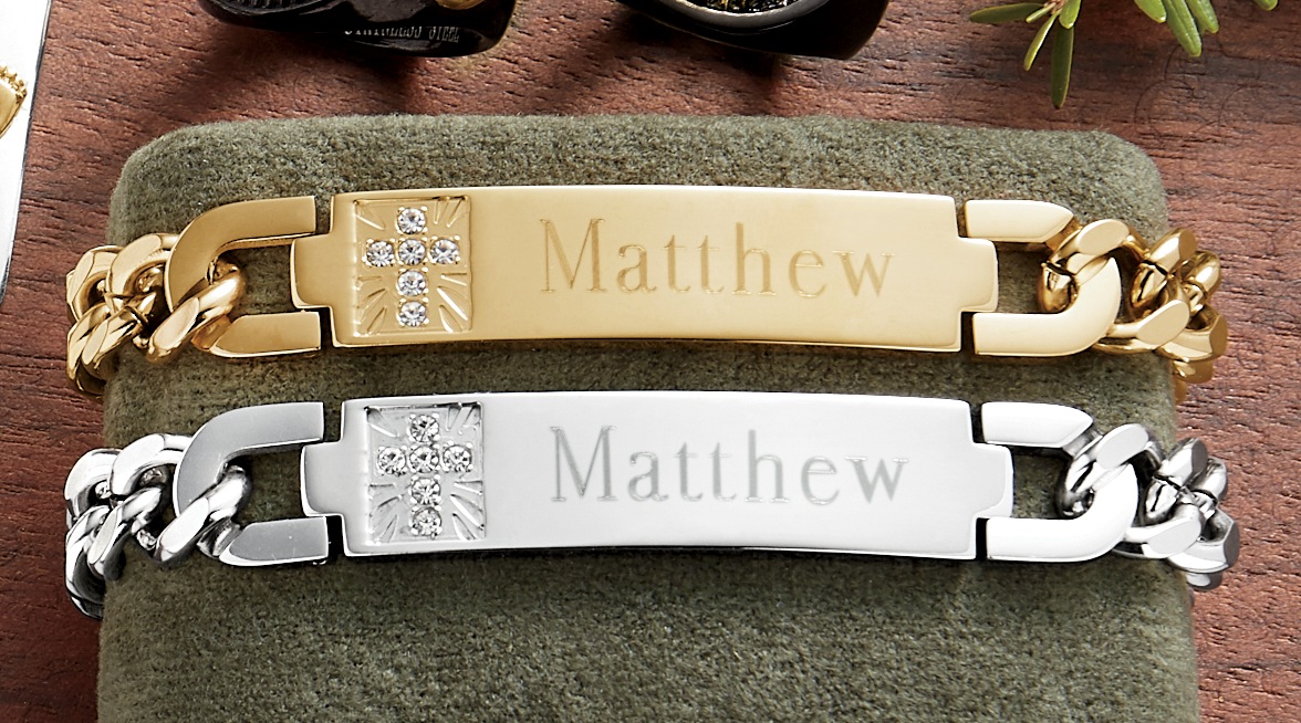 Men&#39;s Name Stainless Steel Cubic Zirconia Bracelet, , large