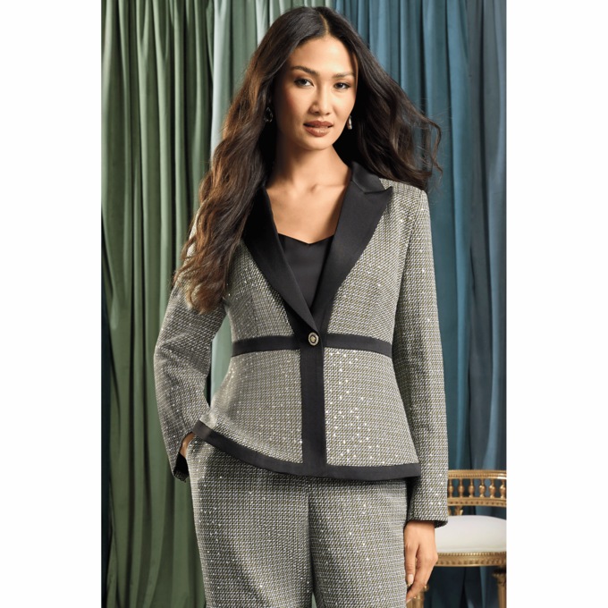 Ashton Houndstooth Sequin Blazer with Rhinestone Button for Women, , large