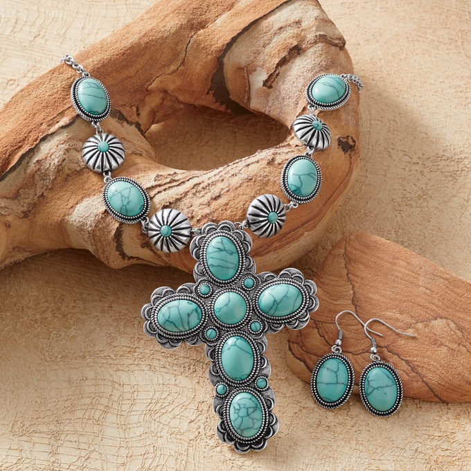 Faux-Stone Southwest Necklace and Earring Set, , large