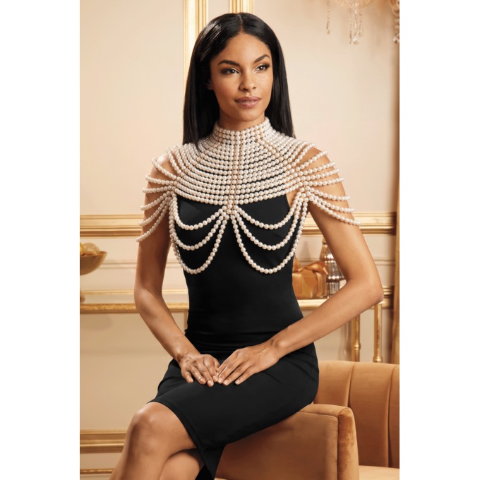 White Pearl Beaded Shoulder Cape, White, large