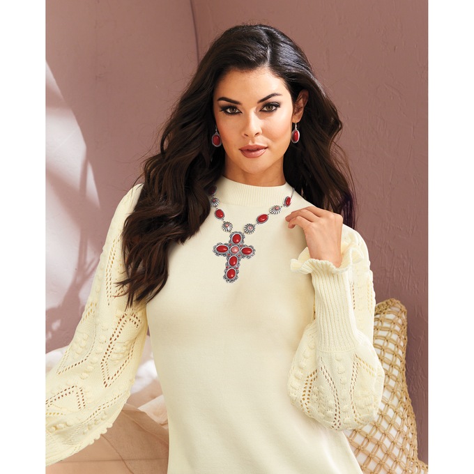 Nora Ribbed Women's Sweater with Pointelle Balloon Sleeves and Mockneck, , large