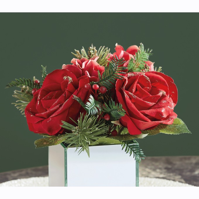 Glitter Rose and Pine Arrangement in Mirrored Pot, , large