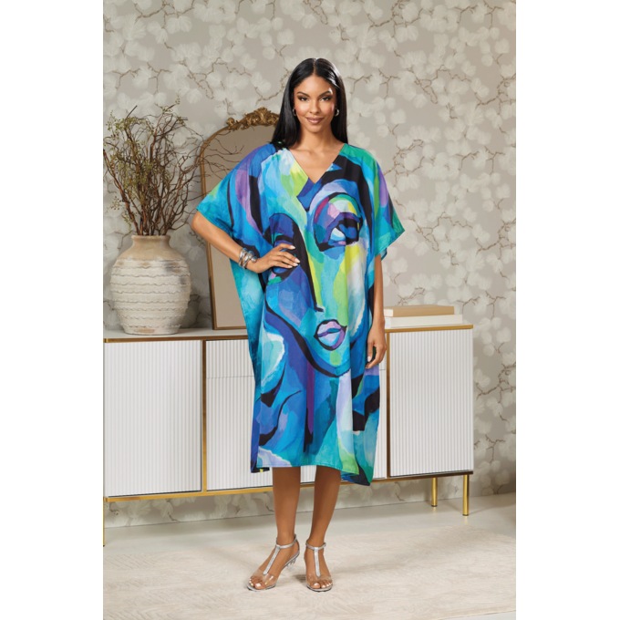 Laila Short Wearable-Art Caftan with Portrait Print, Blue Multi, large
