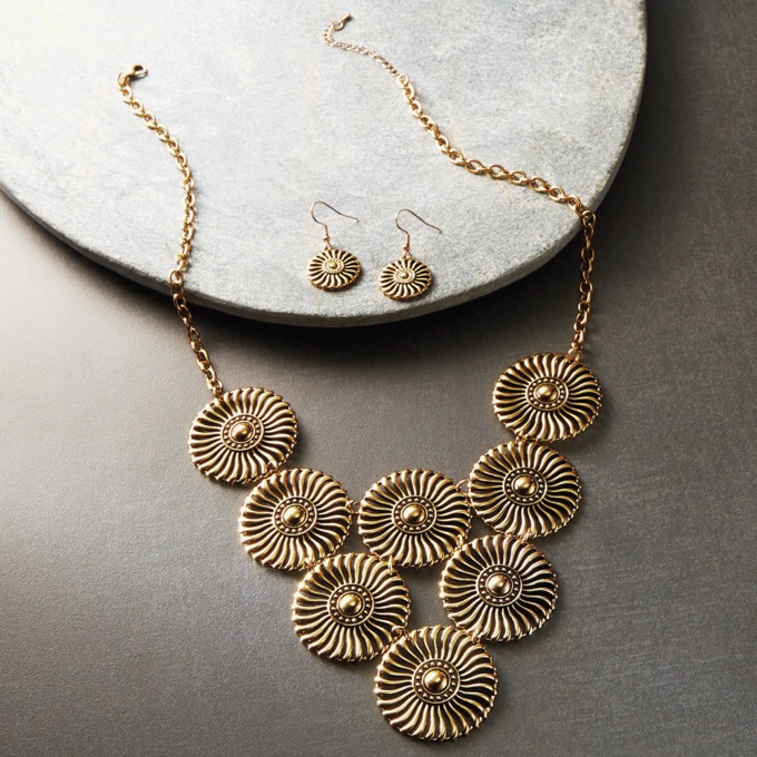 Sunburst Bib Necklace & Earring Set, Goldtone, large